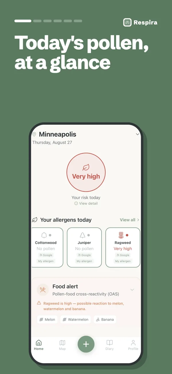 Respira's home screen showing the overall pollen level, today's allergens and air quality for Minneapolis.